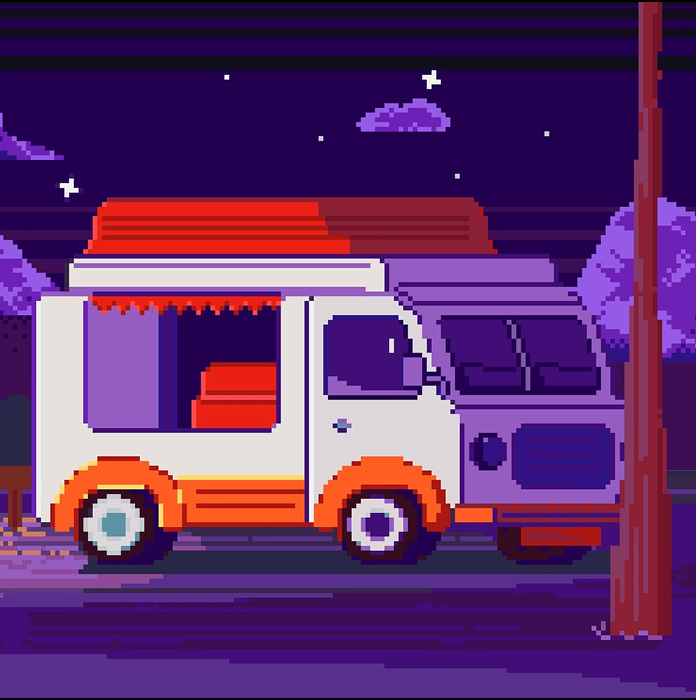 Грузовик в старом пиксельном стиле, освещенный ночным небом.
